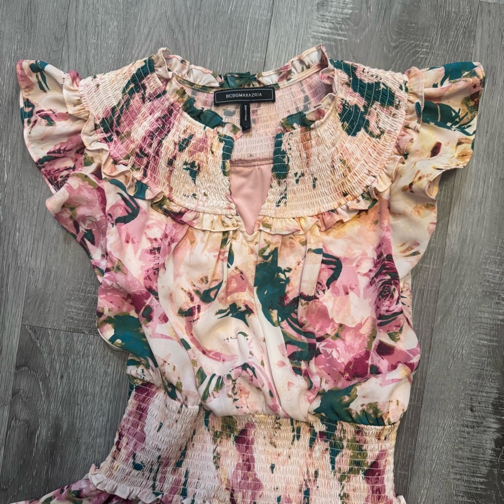 BCBGMaxAzria Women's Peach Floral Smocked Tiered Cap Sleeve Dress Size Small - Picture 6 of 10
